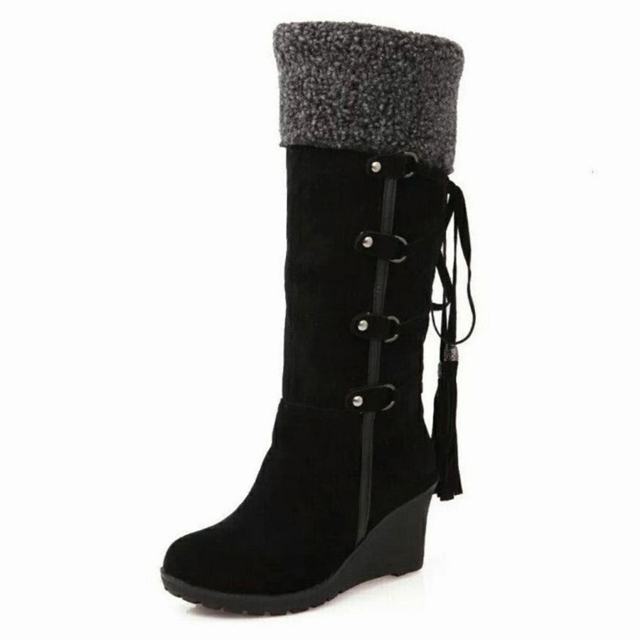 Frances | Women's Fur-Trim Wedge Knee-High Winter Boots in Black
