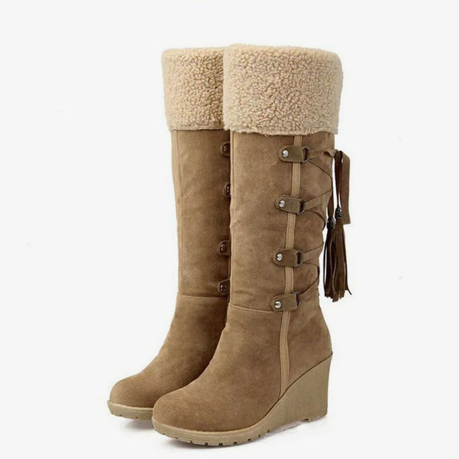 Frances | Women's Fur-Trim Wedge Knee-High Winter Boots in Brown