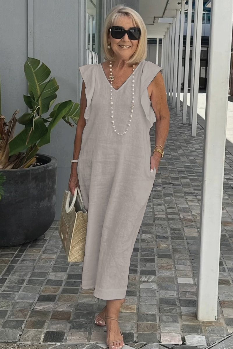 Francesca | Women's V-Neck Pockets Lightweight Maxi Dress in Apricot