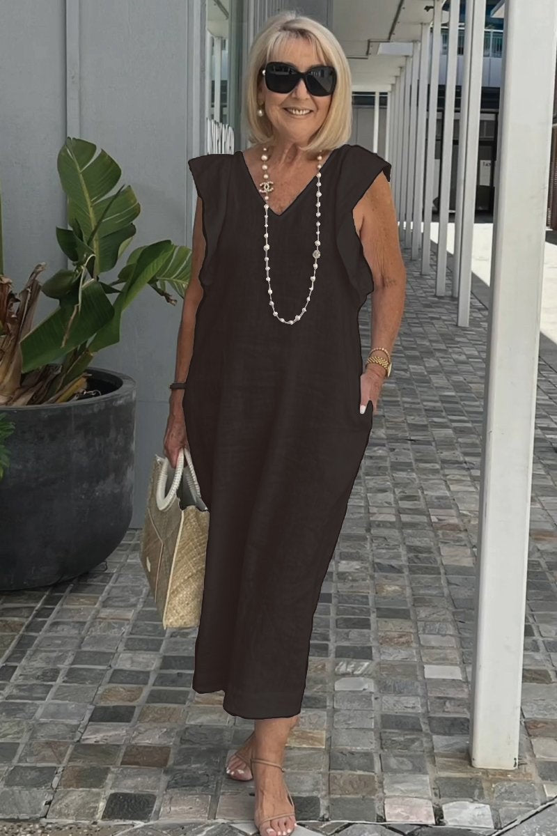 Francesca | Women's V-Neck Pockets Lightweight Maxi Dress in Black
