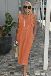 Francesca | Women's V-Neck Pockets Lightweight Maxi Dress in Brick Red