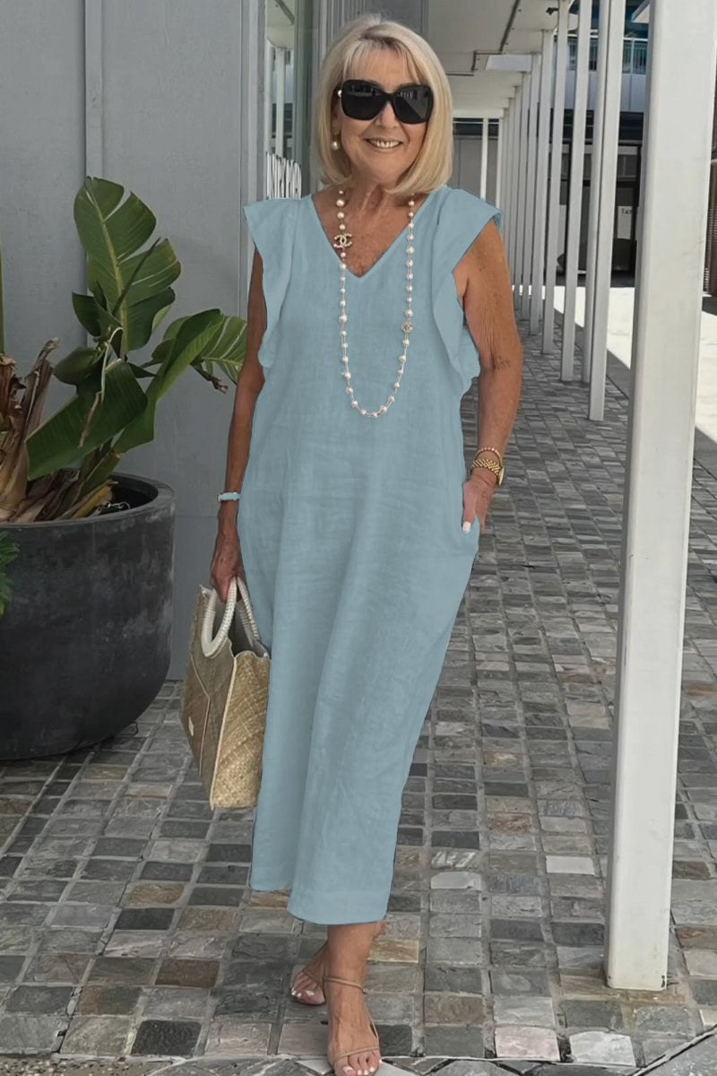 Francesca | Women's V-Neck Pockets Lightweight Maxi Dress in Light Blue