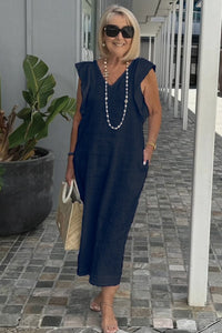 Francesca | Women's V-Neck Pockets Lightweight Maxi Dress in Midnight Blue