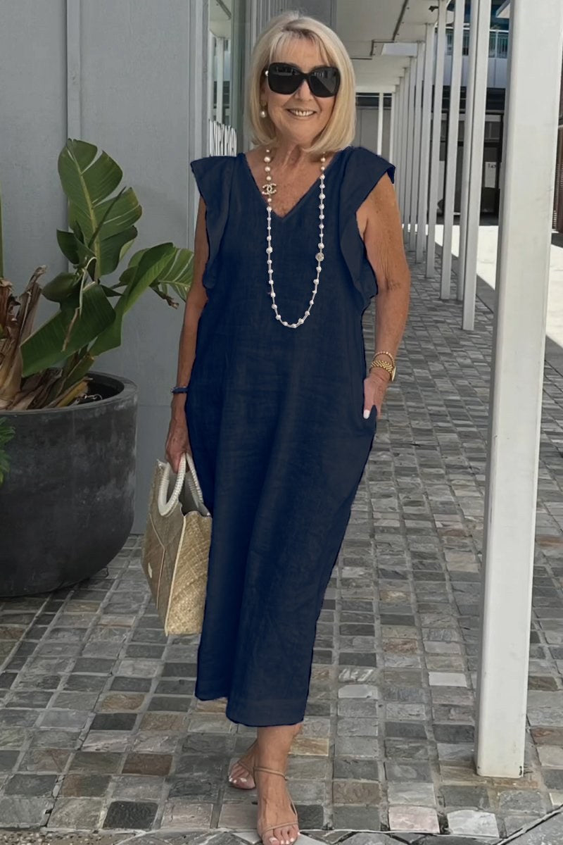 Francesca | Women's V-Neck Pockets Lightweight Maxi Dress in Midnight Blue