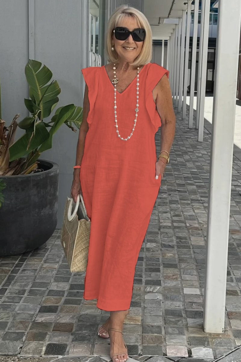 Francesca | Women's V-Neck Pockets Lightweight Maxi Dress in Orange