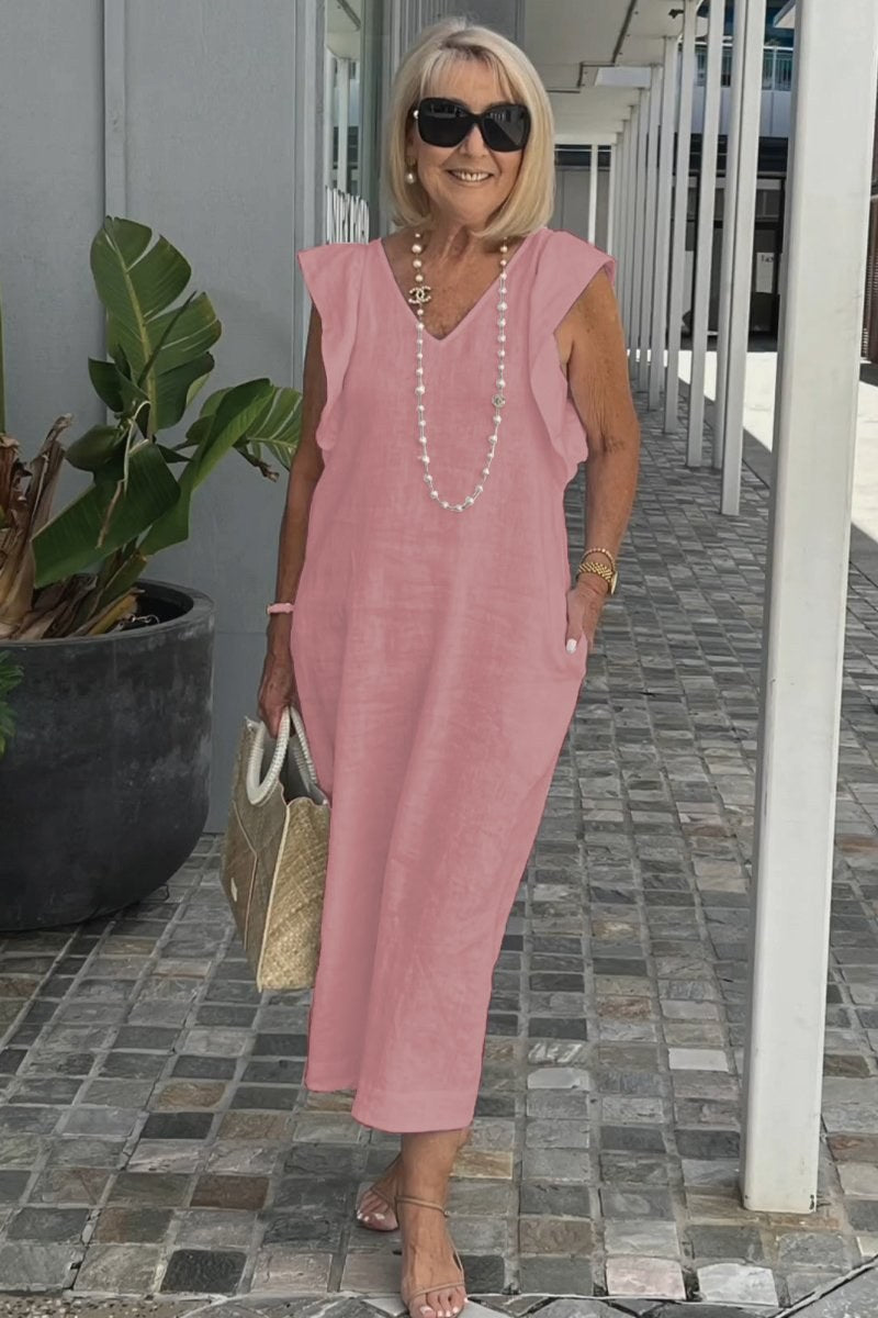Francesca | Women's V-Neck Pockets Lightweight Maxi Dress in Pink
