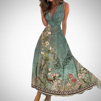 Francine | Women's V-Neck Sleeveless Floral Maxi Dress in Green & Blue