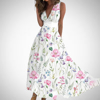 Francine | Women's V-Neck Sleeveless Floral Maxi Dress in White & Pink