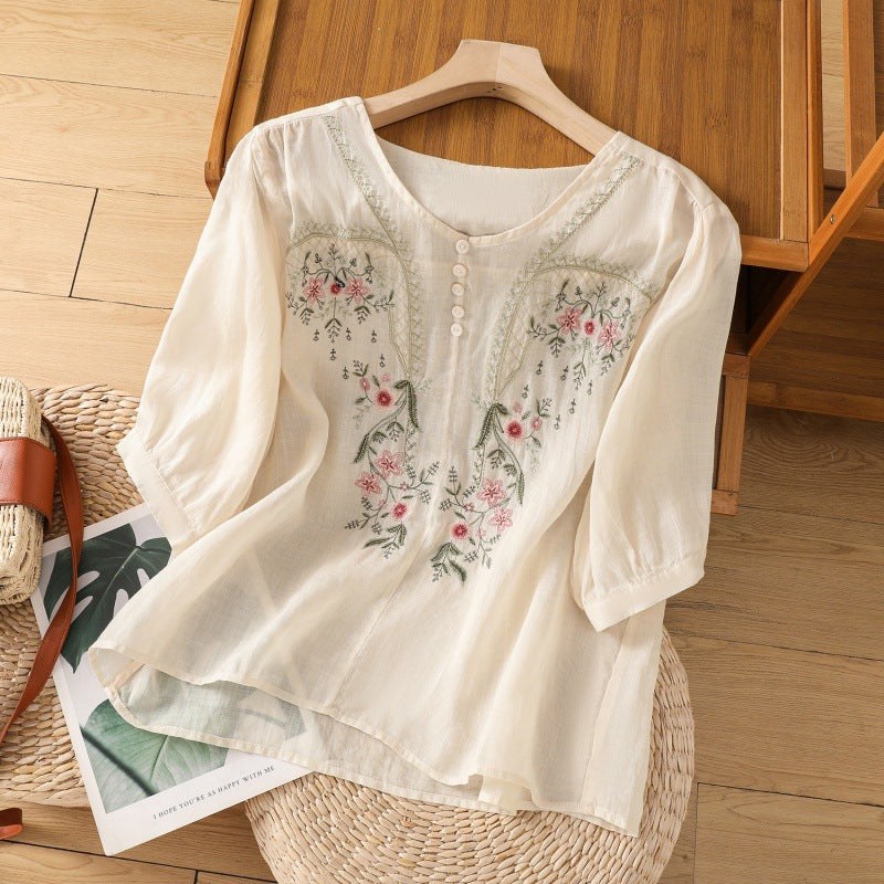 Freda | Women's Embroidered Round Neck Blouse in Beige
