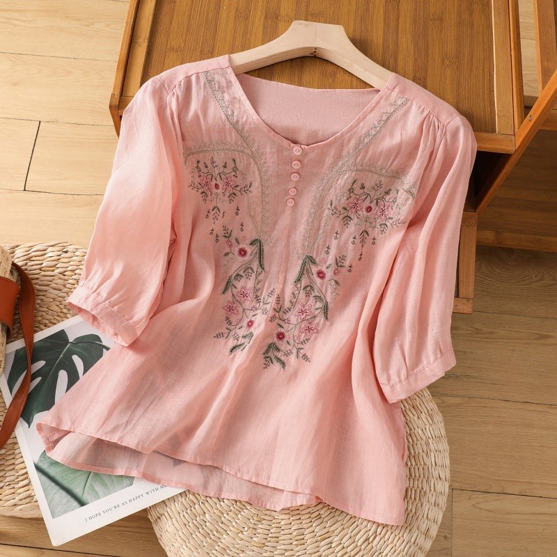 Freda | Women's Embroidered Round Neck Blouse in Pink
