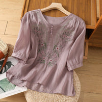 Freda | Women's Embroidered Round Neck Blouse in Purple