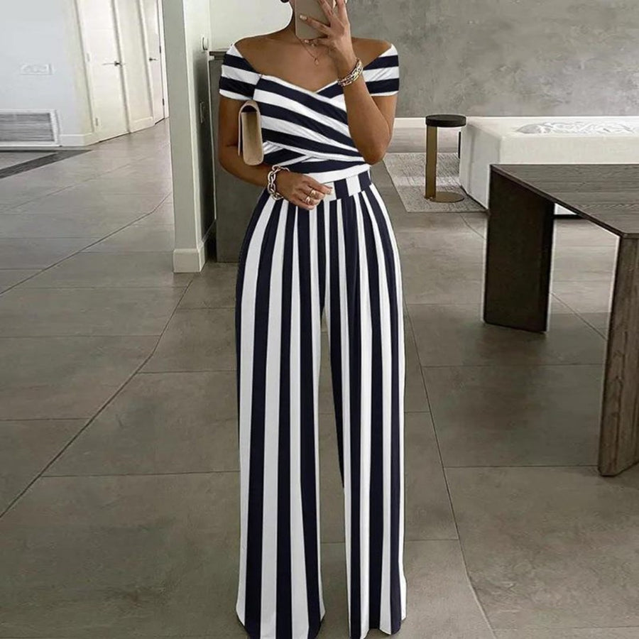 Fredegund | Women's Off-Shoulder Wrap Floral Wide-Leg Jumpsuit in Black & White