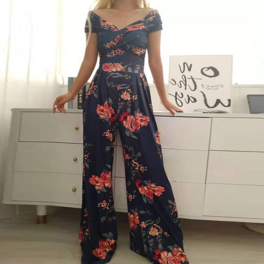 Fredegund | Women's Off-Shoulder Wrap Floral Wide-Leg Jumpsuit in Blue