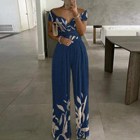 Fredegund | Women's Off-Shoulder Wrap Floral Wide-Leg Jumpsuit in Dark Blue