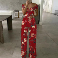 Fredegund | Women's Off-Shoulder Wrap Floral Wide-Leg Jumpsuit in Red