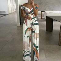 Fredegund | Women's Off-Shoulder Wrap Floral Wide-Leg Jumpsuit in White A