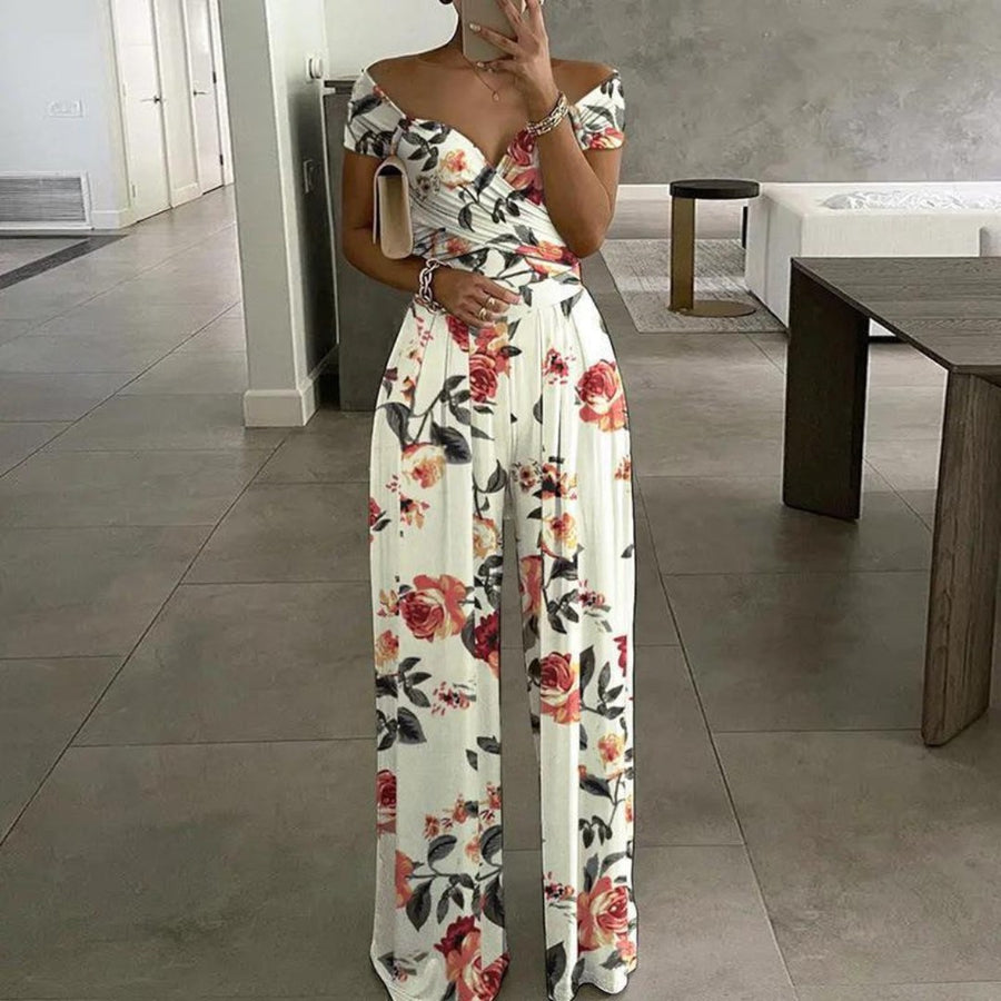 Fredegund | Women's Off-Shoulder Wrap Floral Wide-Leg Jumpsuit in White B