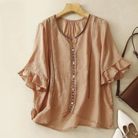 Frederica | Women's Embroidered Ruffle Sleeve Blouse in Brown