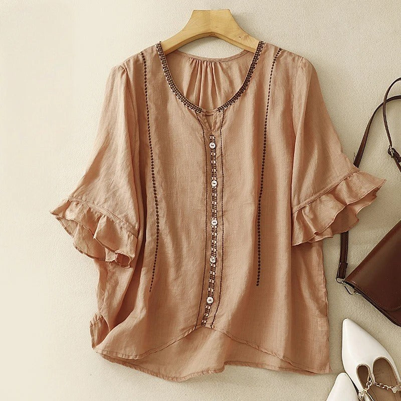 Frederica | Women's Embroidered Ruffle Sleeve Blouse in Brown