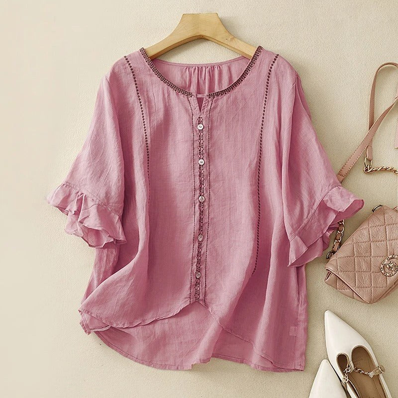 Frederica | Women's Embroidered Ruffle Sleeve Blouse in Pink