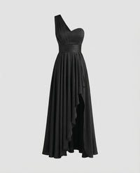 Freya | Women's Ruffle Detail Asymmetric Elegant Maxi Dress in Black