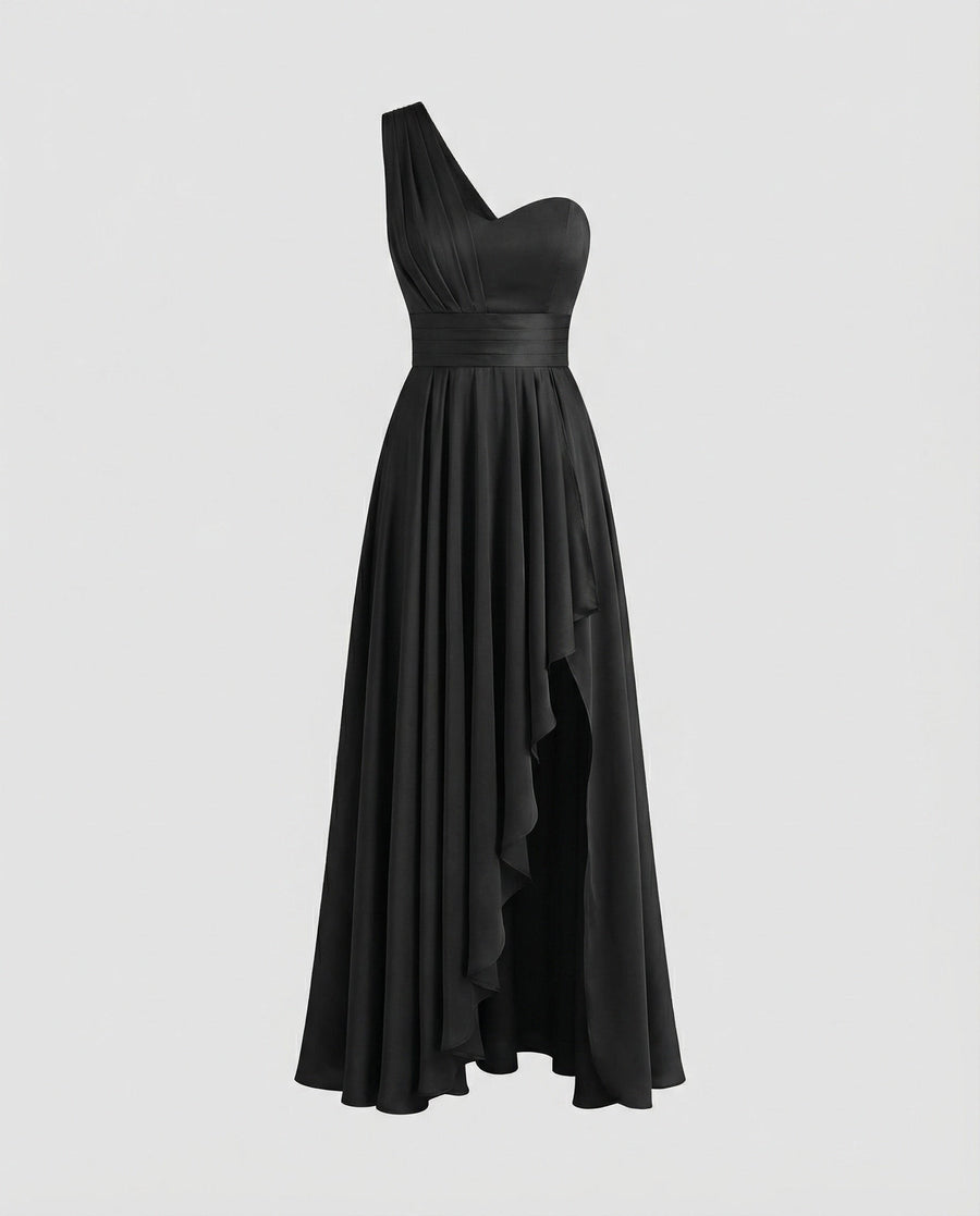 Freya | Women's Ruffle Detail Asymmetric Elegant Maxi Dress in Black