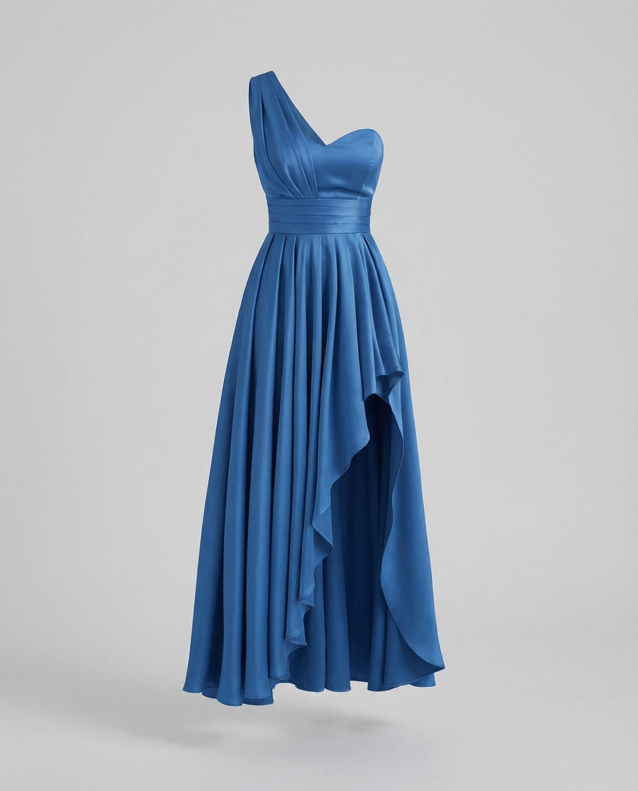Freya | Women's Ruffle Detail Asymmetric Elegant Maxi Dress in Peacock Blue