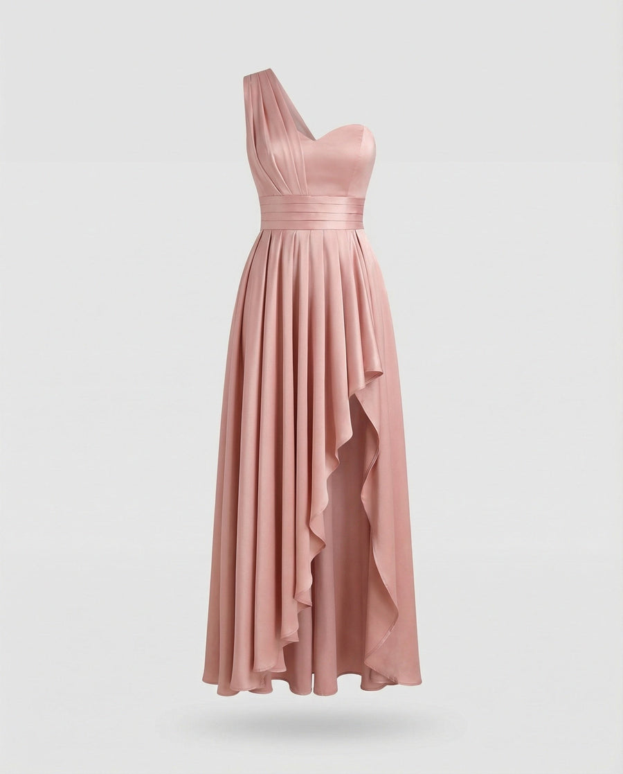 Freya | Women's Ruffle Detail Asymmetric Elegant Maxi Dress in Pink