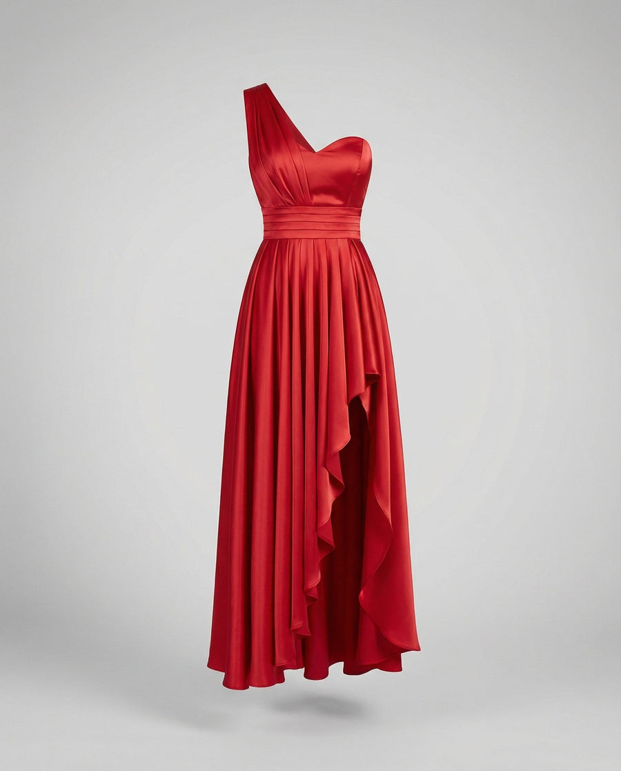 Freya | Women's Ruffle Detail Asymmetric Elegant Maxi Dress in Red