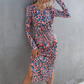 Frigga | Women's Ruffle Detail Long Sleeve Slit Dress