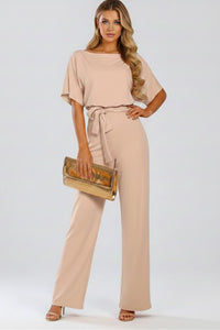 Fulvia | Women's Short Sleeve Belted Wide-Leg Jumpsuit in Beige
