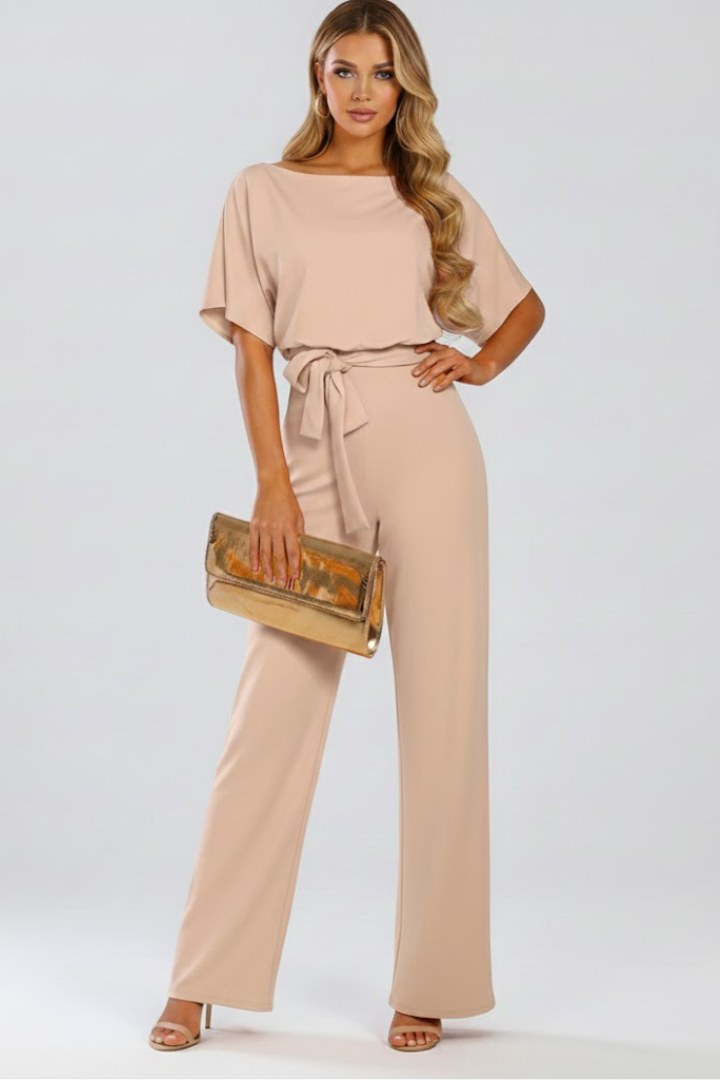 Fulvia | Women's Short Sleeve Belted Wide-Leg Jumpsuit in Beige