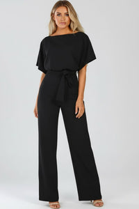 Fulvia | Women's Short Sleeve Belted Wide-Leg Jumpsuit in Black