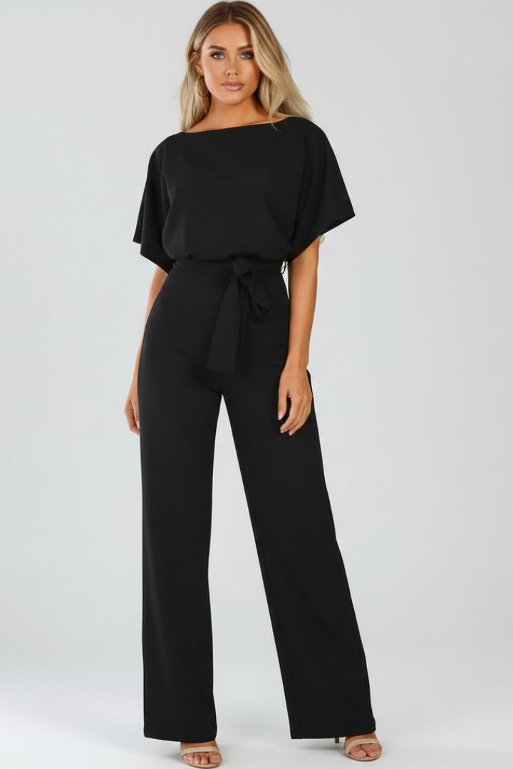 Fulvia | Women's Short Sleeve Belted Wide-Leg Jumpsuit in Black