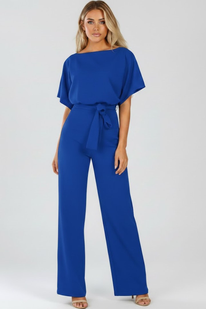 Fulvia | Women's Short Sleeve Belted Wide-Leg Jumpsuit in Blue