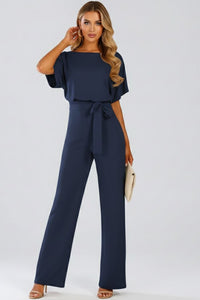 Fulvia | Women's Short Sleeve Belted Wide-Leg Jumpsuit in Navy Blue