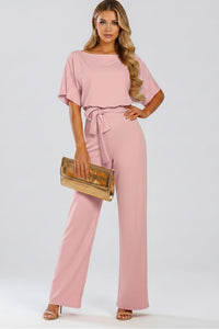 Fulvia | Women's Short Sleeve Belted Wide-Leg Jumpsuit in Pink