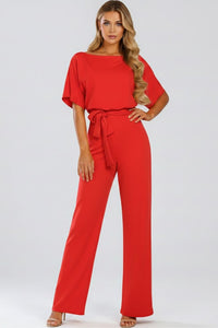 Fulvia | Women's Short Sleeve Belted Wide-Leg Jumpsuit in Red