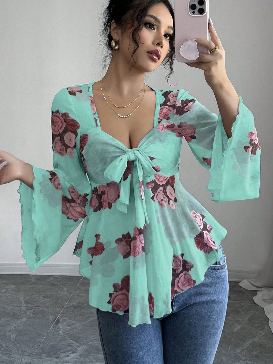 Gabriela | Women's Floral Print Blouse in Cyan