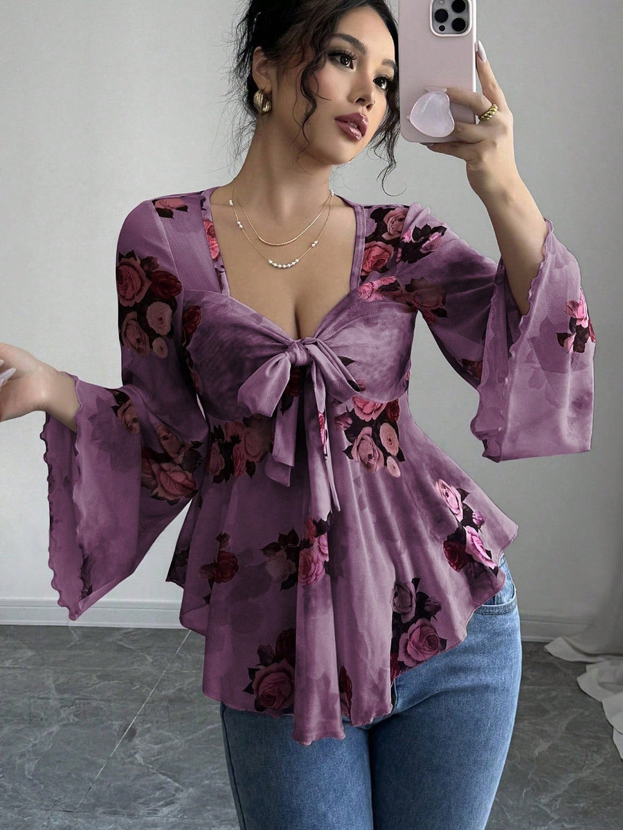Gabriela | Women's Floral Print Blouse in Dark Purple