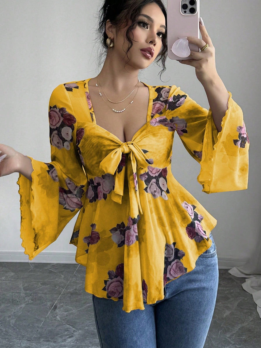 Gabriela | Women's Floral Print Blouse in Yellow