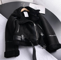 Gabrielle | Women's Shearling-Lined Cropped Belted Moto Jacket
