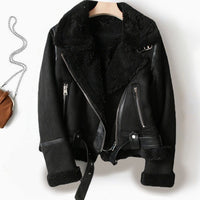 Gabrielle | Women's Shearling-Lined Cropped Belted Moto Jacket in Black