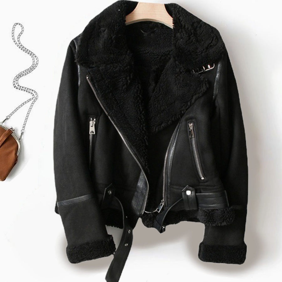 Gabrielle | Women's Shearling-Lined Cropped Belted Moto Jacket in Black