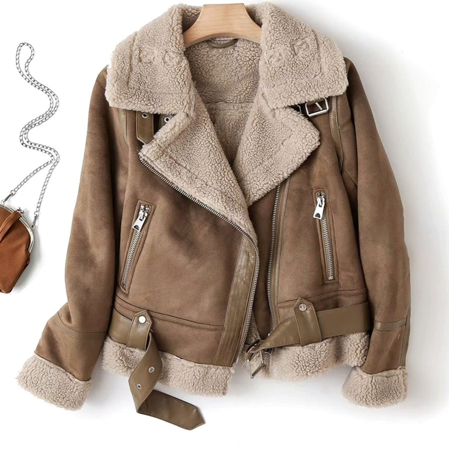 Gabrielle | Women's Shearling-Lined Cropped Belted Moto Jacket in Brown