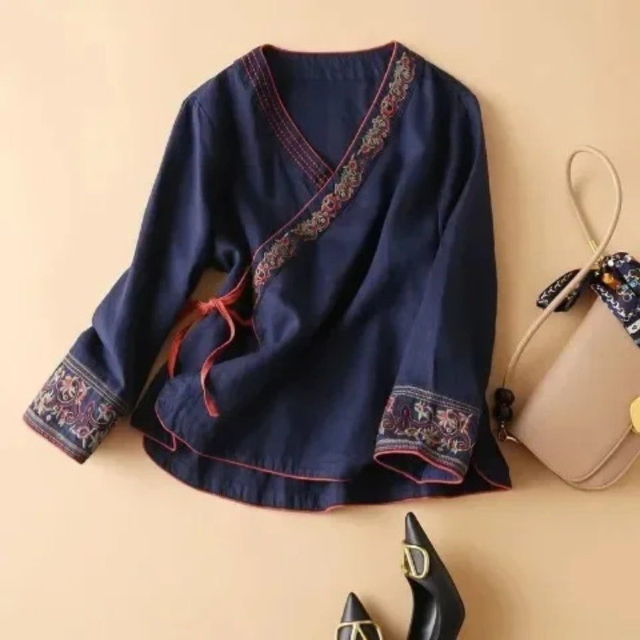 Gaia | Women's Embroidered Wrap Detail Blouse in Dark Purple