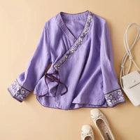 Gaia | Women's Embroidered Wrap Detail Blouse in Violet