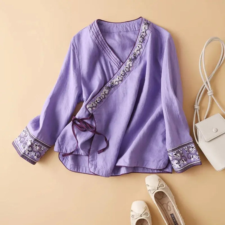 Gaia | Women's Embroidered Wrap Detail Blouse in Violet