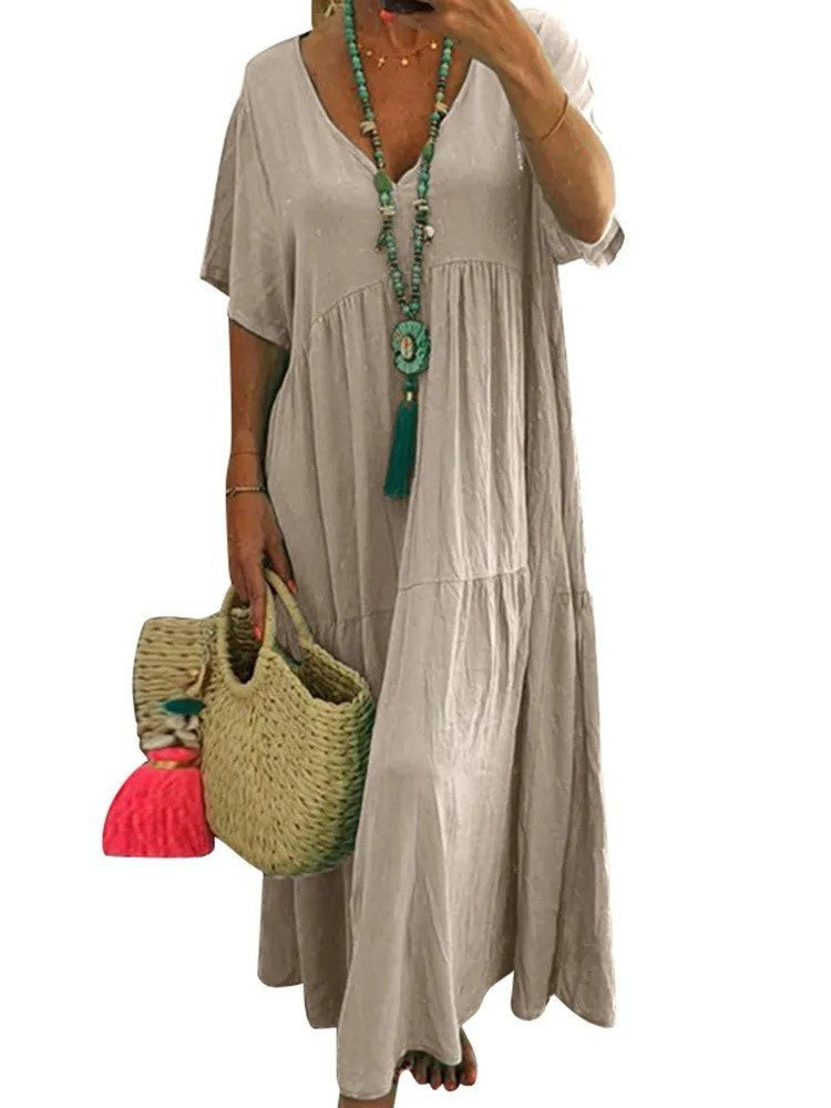 Galatea | Women's V-Neck Boho Maxi Dress in Apricot