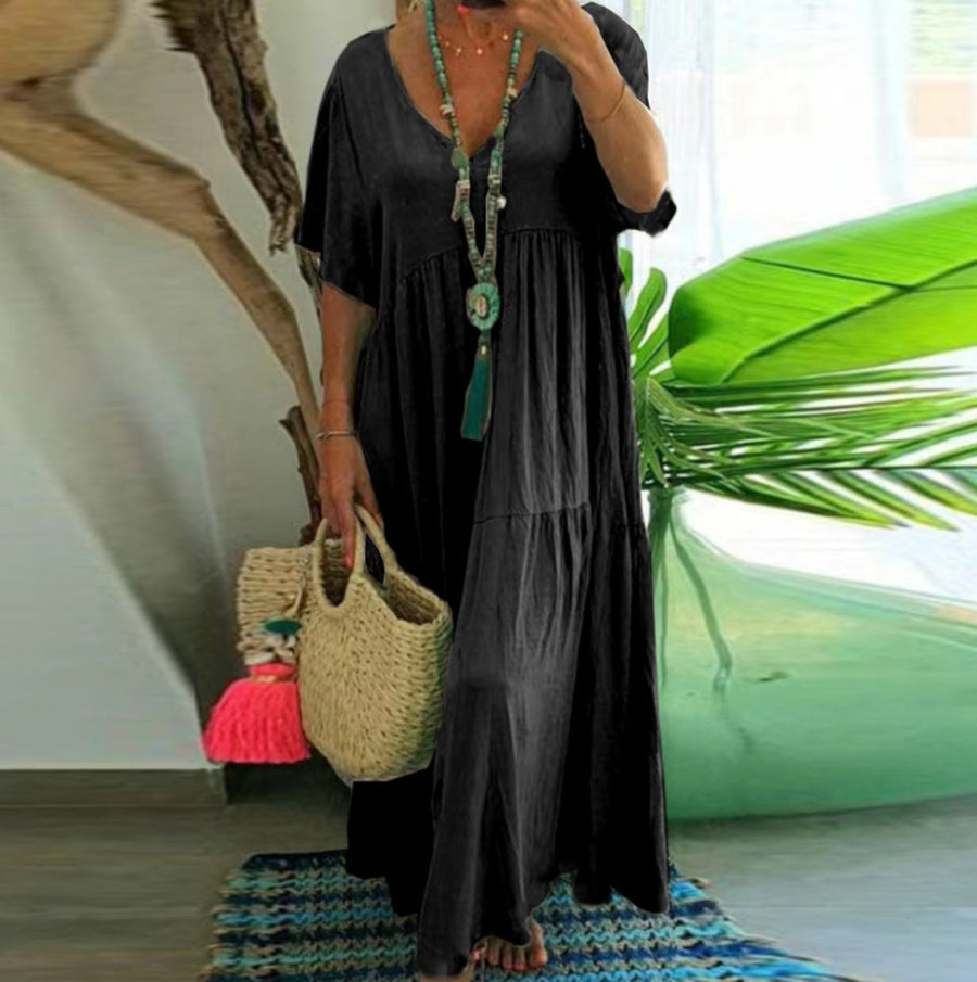 Galatea | Women's V-Neck Boho Maxi Dress in Black